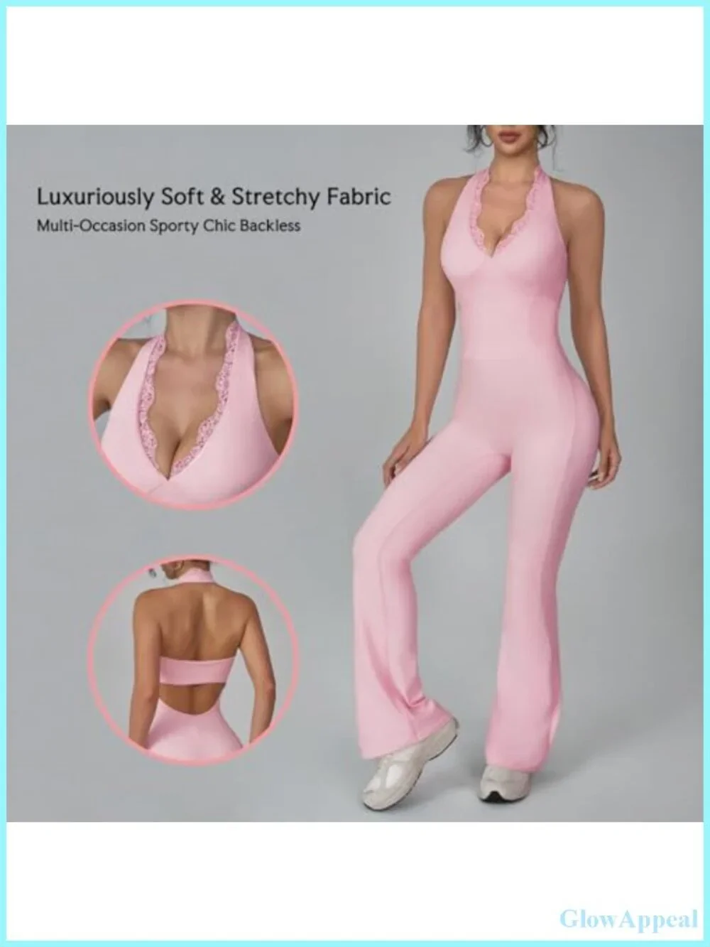 Women Workout Scrunch Flare Jumpsuit with Halter Neck - High Stretch Nylon